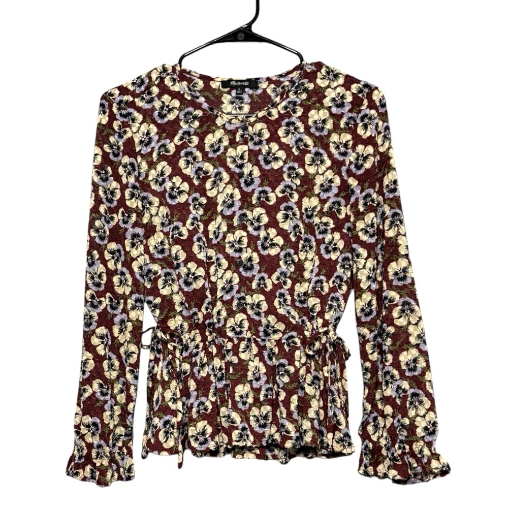 Madewell Drawstring Ruffle-Hem Top Viola Floral Pansy Print S - Picture 3 of 10